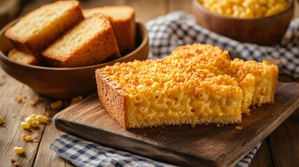 Macaroni and cheese served with cornbread slices, isolated on a wooden board with a gingham cloth in the background