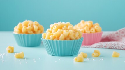 Mini macaroni and cheese cups baked in muffin tins, isolated on a soft pastel blue background with a decorative napkin