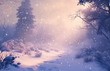 Magical snowy winter forest scene at sunrise.