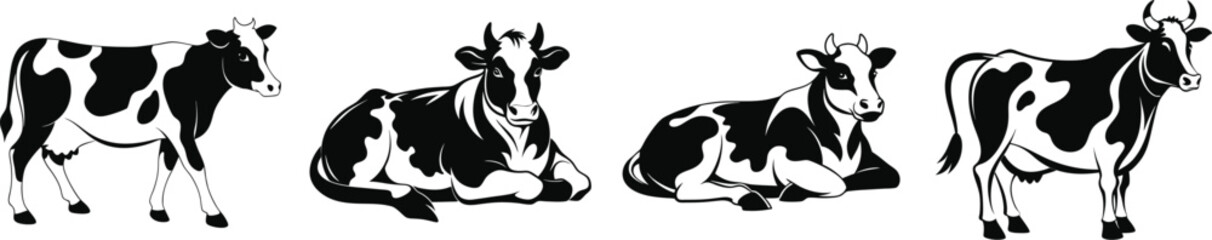 cow silhouette, Cow bull farm animals silhouettes set, large pack of vector silhouette design, isolated white background