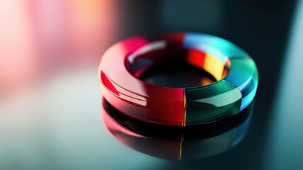 3D donut chart, glossy gradient segments, soft glow, polished metallic surface, ambient reflections. Modern data visualization, proportions, percentages.