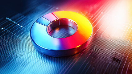 3D donut chart, glossy gradient segments, soft glow, polished metallic surface, ambient reflections. Modern data visualization, proportions, percentages.