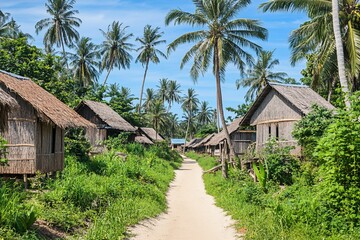 Fototapeta premium Sandy path through tropical village with thatched huts and palm trees.