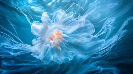 Underwater close-up of a jellyfish with flowing tentacles in blue ocean water.