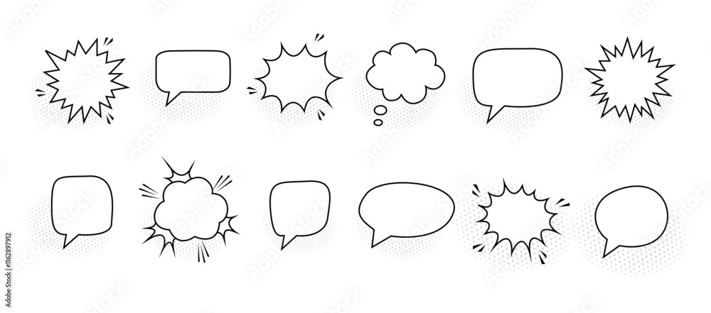 Wall mural retro empty comic bubbles and elements set with black halftone shadows on transparent background. ve