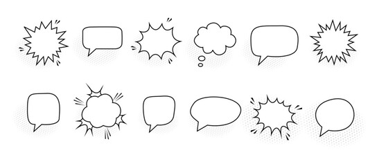 Retro empty comic bubbles and elements set with black halftone shadows on transparent background. Vector illustration