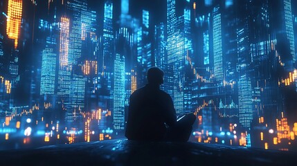 Fototapeta premium Silhouetted person meditates before a futuristic cityscape of glowing data streams and charts.