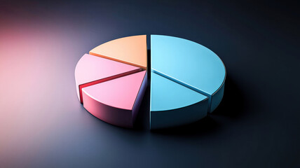 3D pie chart on rotating platform, dynamic color/angle changes, floating above soft light reflection. Interactive data visualization, proportions, percentages, movement.