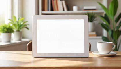 Fototapeta premium Empty collage frame with copy space on a wooden table beside a cup and plants