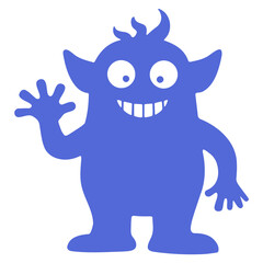 A blue cartoon monster with large eyes, sharp teeth, and two horns waving its arms enthusiastically