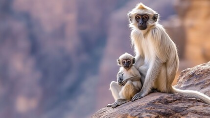 Obraz premium Mother langur monkey cradling her baby on a rock.