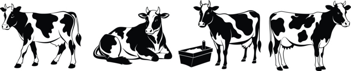 cow silhouette, Cow bull farm animals silhouettes set, large pack of vector silhouette design, isolated white background