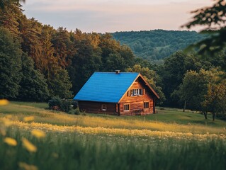 Obraz premium Secluded wooden cabin with blue roof in a lush green field and forest at sunset.