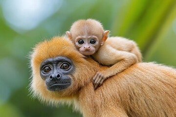 Fototapeta premium Adorable baby monkey clinging to its mother's back in lush green foliage.