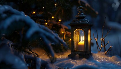 A festive lantern, nestled amongst the trees, casts a warm glow on Christmas night