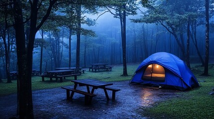 Illuminated tent in misty forest rain.