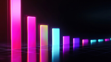 3D stacked area chart, soft neon gradients, futuristic dark reflective platform. Modern data visualization, trends, proportions, layered information.