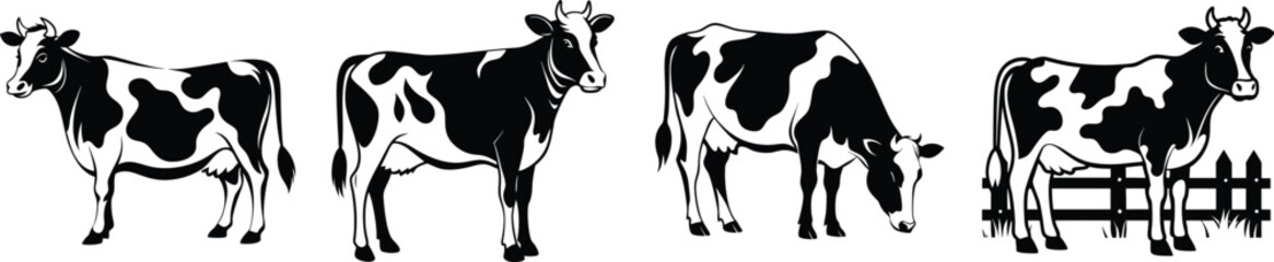 cow silhouette, Cow bull farm animals silhouettes set, large pack of vector silhouette design, isolated white background