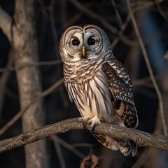 Barred owl perched on a branch, looking directly at the camera.
