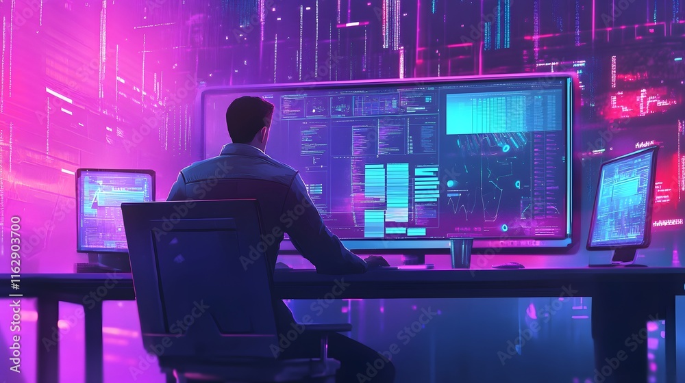Poster cybernetic programmer working late on complex code