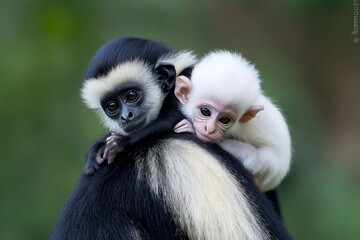 Obraz premium Two adorable baby monkeys, one white, one black and white, cuddling.