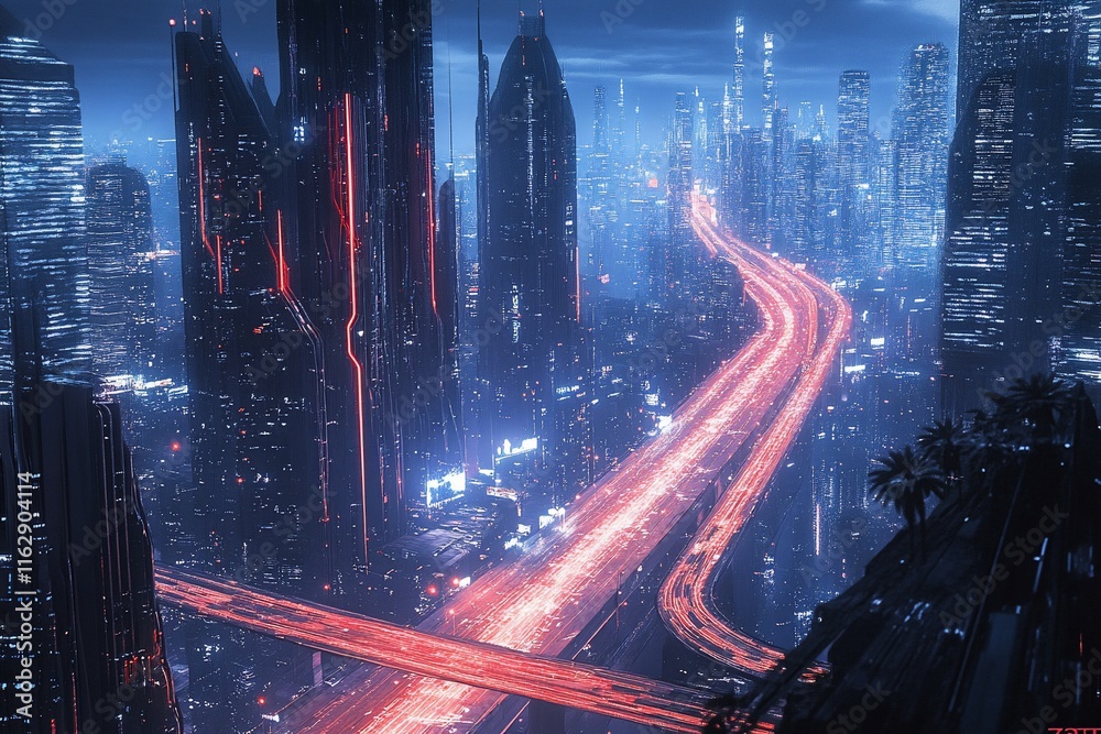 Wall mural Futuristic city at night, illuminated highway.