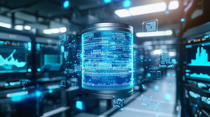 Fototapeta premium Futuristic Laboratory with Cylindrical Data Core and Holographic Display