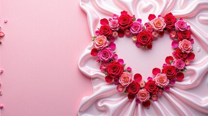 Obraz premium Heart shaped arrangement of colorful roses on silky pink background