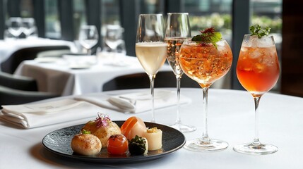 Elegant appetizers and champagne cocktails on a table.