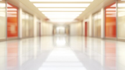 Obraz premium Modern bright hallway with glossy floors and orange accents corporate commercial use