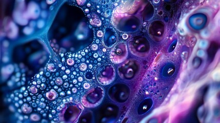 Abstract close-up of vibrant purple and blue paint with bubble texture.