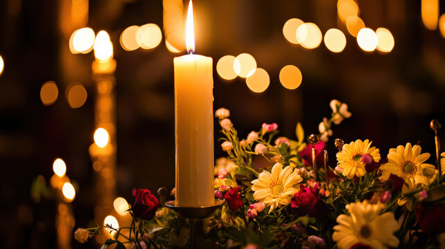 Adorned Paschal candle in darkened church, surrounded by flowers and flickering votives. Warm glow symbolizes Christ's light. Easter, faith, hope.