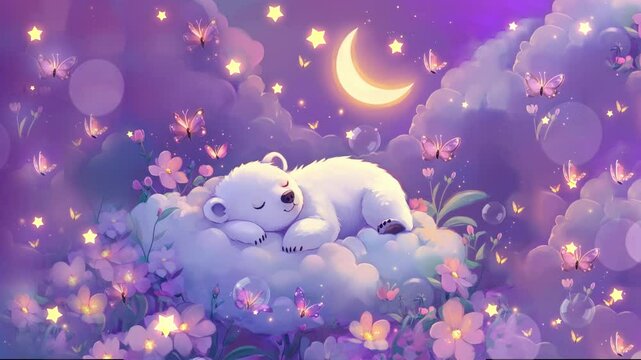 A cute bear sleep in the cloudy bed with flower and some stars, 4k looop