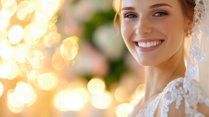 Fototapeta premium Young Bride Portrait with Lace Dress and Candlelight Background
