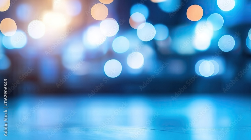 Poster Abstract bokeh background with blue and orange lights reflecting on smooth surface