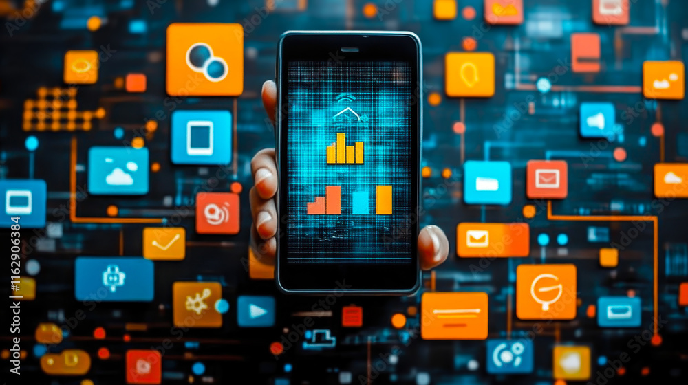 Poster marketers optimizing websites for mobile devices using ai technology with data analytics on smartpho