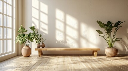 Sunlit minimalist room with wooden bench, plants, and large window.