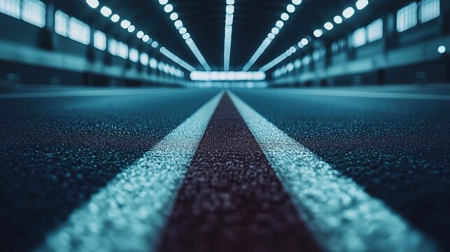 Asphalt track vanishing point perspective Lines lead to bright lights end of indoor track - Powered by Adobe