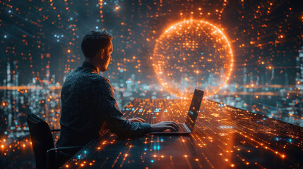 Businessman Analyzing Big Data with Laptop in Futuristic Digital Network Environment with AI and Global Internet Connections at Night