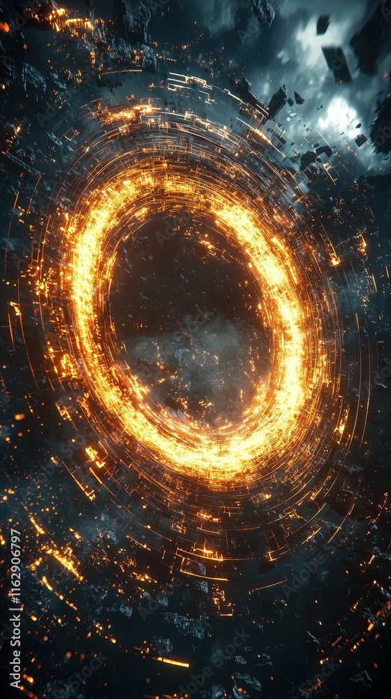 Poster glowing circular energy field in dark abstract space futuristic and intense
