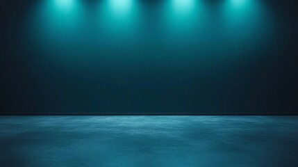 A dimly lit stage, podium with teal light, creating a dramatic atmosphere for performances.