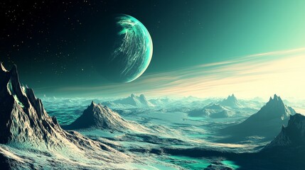 Futuristic landscape with a distant planet and rugged terrain under a starry sky.