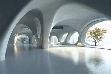 3d render of modern conceptual futuristic architecture with concrete floor