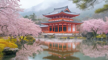 Fototapeta premium A serene temple surrounded by cherry blossoms reflecting in a tranquil pond.