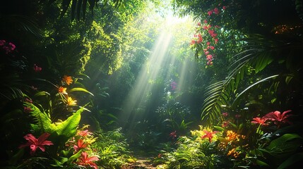 Obraz premium Serene nature exploration lush rainforest landscape photography tropical environment sunlit perspective tranquil beauty