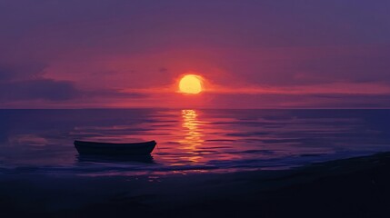 Serene sunset over calm ocean with small boat on shore.