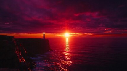 Dramatic sunset over ocean with lighthouse on cliff.