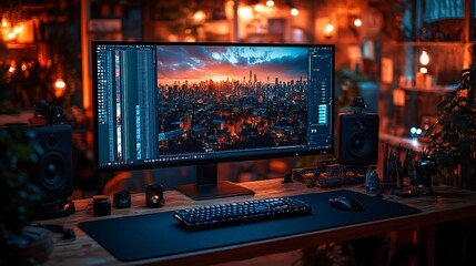 Night City Sunset Displayed On Modern Workstation Setup