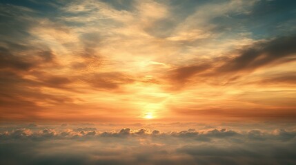 Obraz premium Golden orange sunset sky with dramatic clouds and glowing sun over calm sea horizon perfect for nature background, travel, relaxation, inspiration, evening, vacation, ocean, summer mood