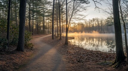Fototapeta premium Sunrise over tranquil lake with mist, path through trees.